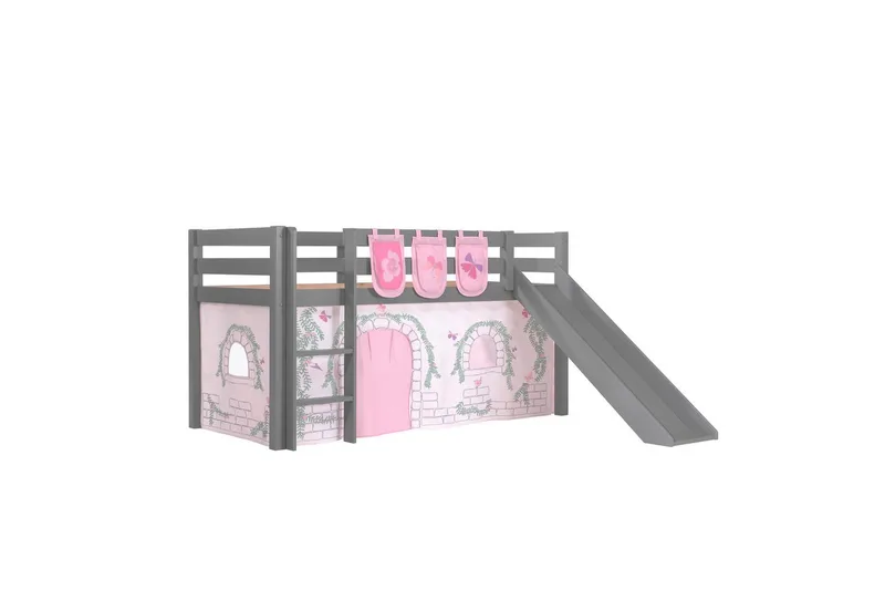 Halvhöjdssäng med gardin Pino Birdy Grå, Grå, Med rutschkana, Utan tunnel, 3, Grå, Grå, Med rutschkana, Utan tunnel, 3