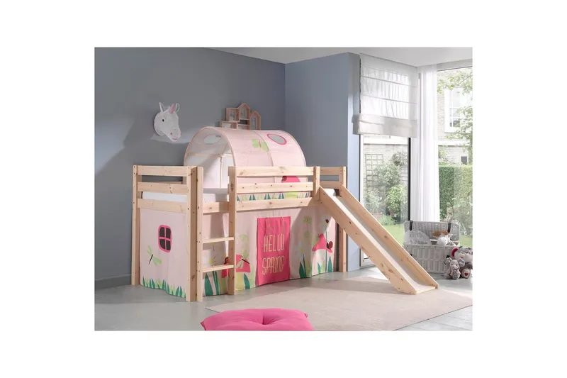 Halvhöjdssäng med gardin Pino Spring Naturlig, Naturlig, Med rutschkana, Fjäder, Vår, Utan fickor - Naturlig, Naturlig, Med rutschkana, Fjäder, Vår, Utan fickor - Möbler - Sovrum - Sängar - Våningssängar & loftsängar