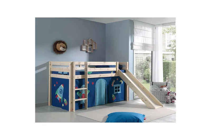 Halvhöjdssäng med gardin Pino Astro Naturlig, Naturlig, Med rutschkana, Utan tunnel, Inga fickor - Naturlig, Naturlig, Med rutschkana, Utan tunnel, Inga fickor - Möbler - Sovrum - Sängar - Våningssängar & loftsängar