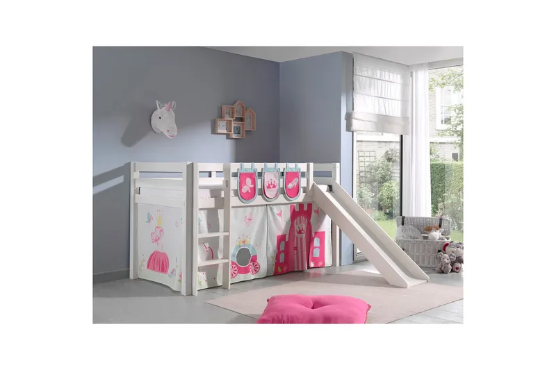 Halvhöjdssäng med gardin Pino Princess Vit, Vit, Med rutschkana, Utan tunnel, 3 - Vit, Vit, Med rutschkana, Utan tunnel, 3 - Möbler - Sovrum - Sängar - Våningssängar & loftsängar