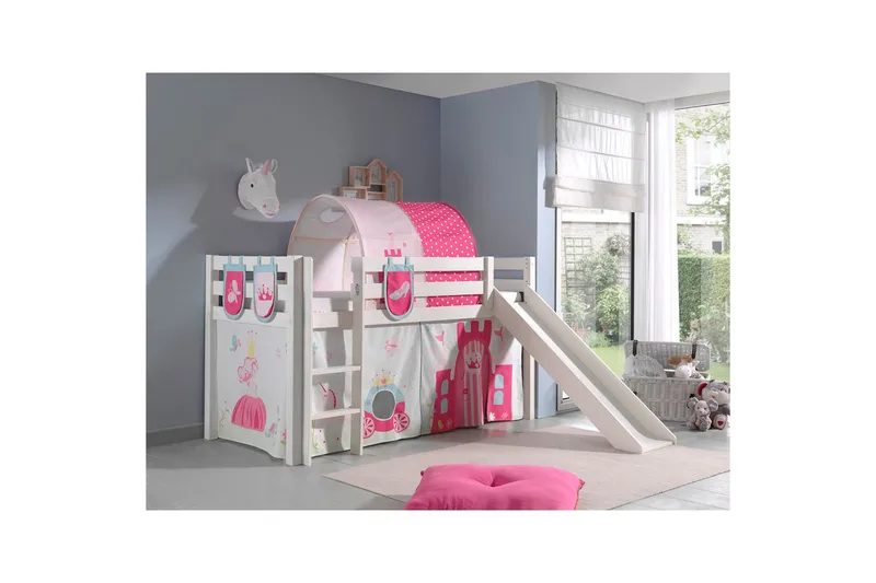 Halvhöjdssäng med gardin Pino Princess Vit, Vit, Med rutschkana, Prinsessa, 3 - Vit, Vit, Med rutschkana, Prinsessa, 3 - Möbler - Sovrum - Sängar - Våningssängar & loftsängar