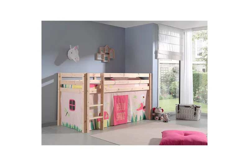 Halvhöjdssäng med gardin Pino Spring Naturlig, Naturlig, Utan rutschkana, Utan tunnel, Utan fickor - Naturlig, Naturlig, Utan rutschkana, Utan tunnel, Utan fickor - Möbler - Sovrum - Sängar - Våningssängar & loftsängar