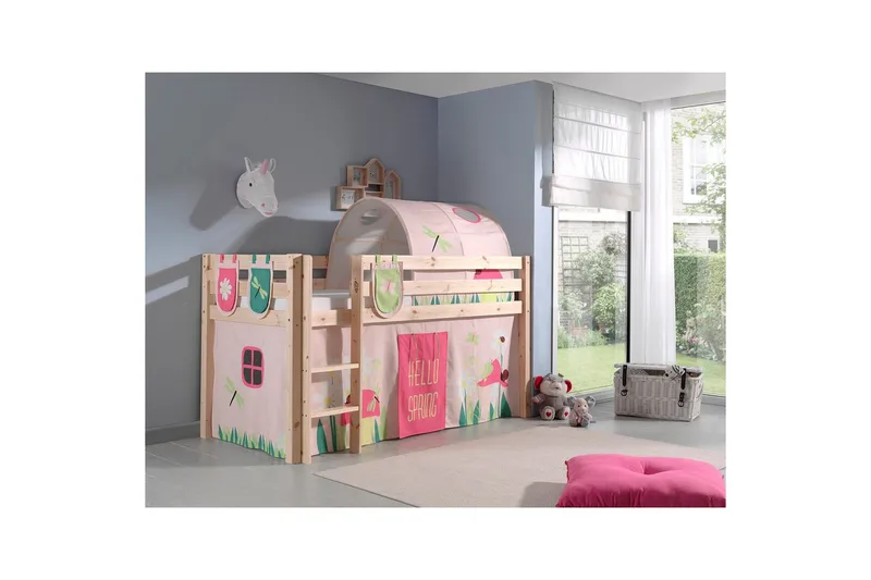 Halvhöjdssäng med gardin Pino Spring Naturlig, Naturlig, Utan rutschkana, Vår, Fjäder, 3 - Naturlig, Naturlig, Utan rutschkana, Vår, Fjäder, 3 - Möbler - Sovrum - Sängar - Våningssängar & loftsängar