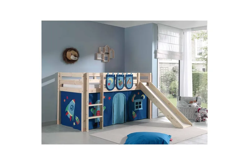 Halvhöjdssäng med gardin Pino Astro Naturlig, Naturlig, Med rutschkana, Utan tunnel, 3 - Naturlig, Naturlig, Med rutschkana, Utan tunnel, 3 - Möbler - Sovrum - Sängar - Våningssängar & loftsängar