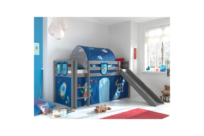 Halvhöjdssäng med gardin Pino Astro Grå, Grå, Med rutschkana, Med tunnel, 3 - Grå, Grå, Med rutschkana, Med tunnel, 3 - Möbler - Sovrum - Sängar - Våningssängar & loftsängar
