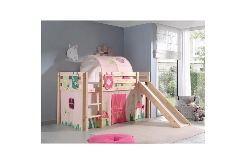 Halvhöjdssäng med gardin Pino Spring Naturlig, Naturlig, Med rutschkana, Vår, Fjäder, 3 - Naturlig, Naturlig, Med rutschkana, Vår, Fjäder, 3 - Möbler - Sovrum - Sängar - Våningssängar & loftsängar