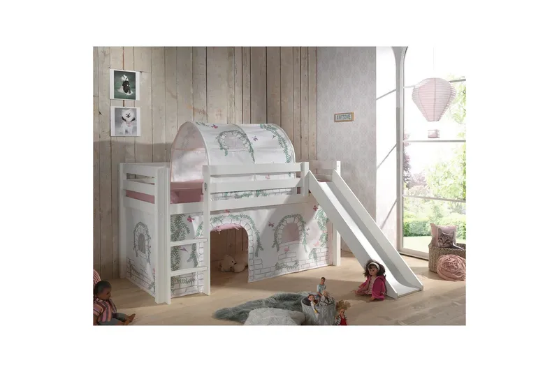Halvhöjdssäng med gardin Pino Birdy Vit, Vit, Med rutschkana, Birdy, Inga fickor - Vit, Vit, Med rutschkana, Birdy, Inga fickor - Möbler - Sovrum - Sängar - Våningssängar & loftsängar