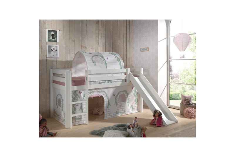 Halvhöjdssäng med gardin Pino Birdy Vit, Vit, Med rutschkana, Birdy, Inga fickor - Vit, Vit, Med rutschkana, Birdy, Inga fickor - Möbler - Sovrum - Sängar - Våningssängar & loftsängar