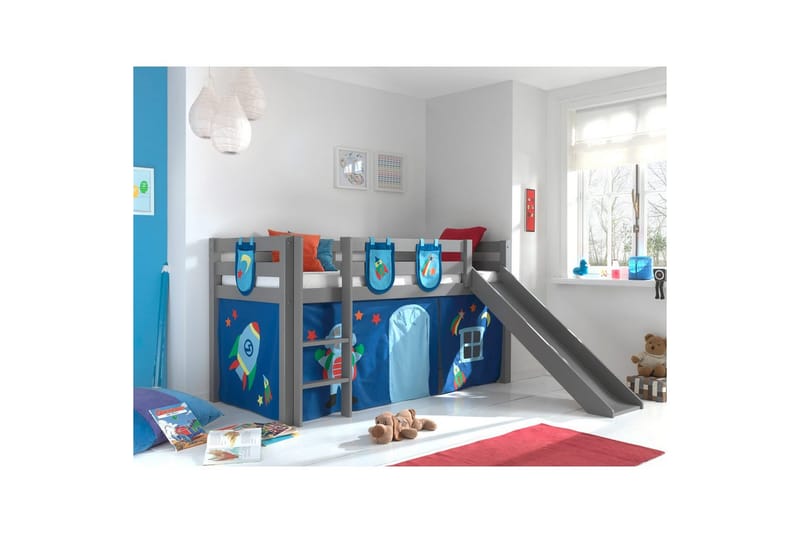 Halvhöjdssäng med gardin Pino Astro Grå, Grå, Med rutschkana, Utan tunnel, 3 - Grå, Grå, Med rutschkana, Utan tunnel, 3 - Möbler - Sovrum - Sängar - Våningssängar & loftsängar