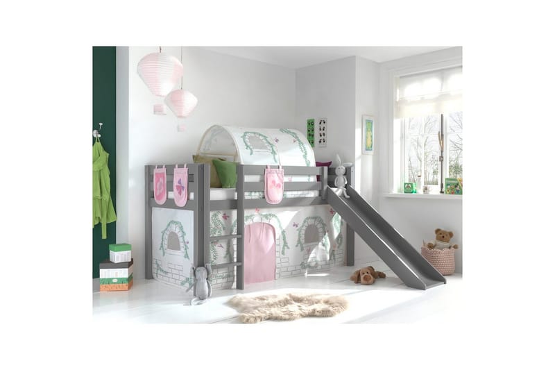 Halvhöjdssäng med gardin Pino Birdy Grå, Grå, Med rutschkana, Birdy, 3 - Grå, Grå, Med rutschkana, Birdy, 3 - Möbler - Sovrum - Sängar - Våningssängar & loftsängar