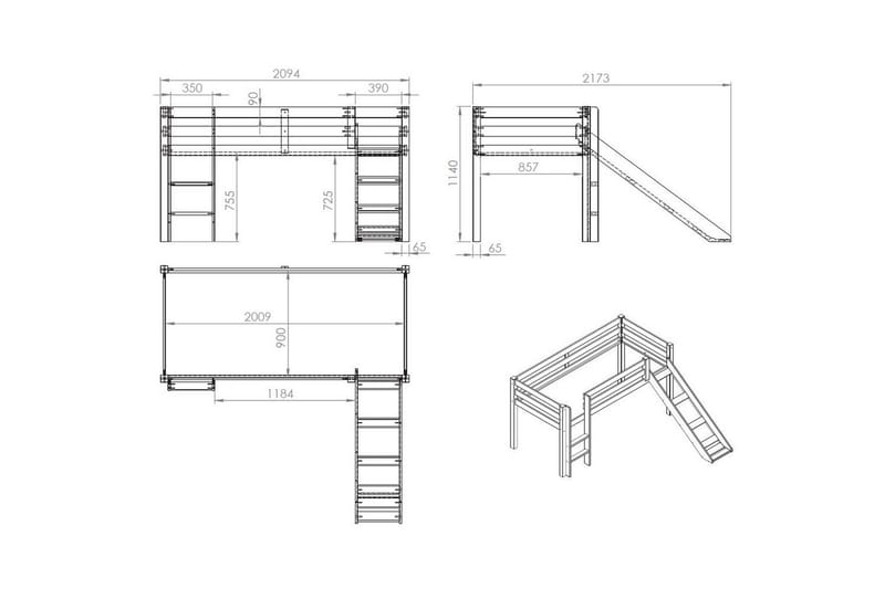 Halvhöjdssäng med gardin Pino Spring Naturlig, Naturlig, Med rutschkana, Utan tunnel, Utan fickor - Naturlig, Naturlig, Med rutschkana, Utan tunnel, Utan fickor - Möbler - Sovrum - Sängar - Våningssängar & loftsängar