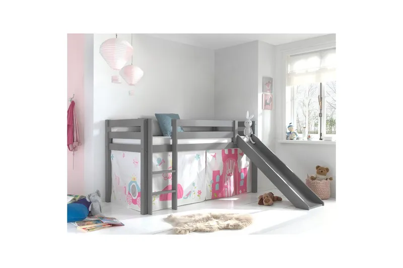 Halvhöjdssäng med gardin Pino Princess Grå, Grå, Med rutschkana, Utan tunnel, Inga fickor - Grå, Grå, Med rutschkana, Utan tunnel, Inga fickor - Möbler - Sovrum - Sängar - Våningssängar & loftsängar