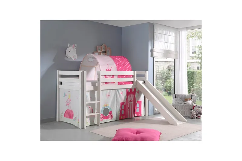 Halvhöjdssäng med gardin Pino Princess Vit, Vit, Med rutschkana, Prinsessa, Inga fickor - Vit, Vit, Med rutschkana, Prinsessa, Inga fickor - Möbler - Sovrum - Sängar - Våningssängar & loftsängar