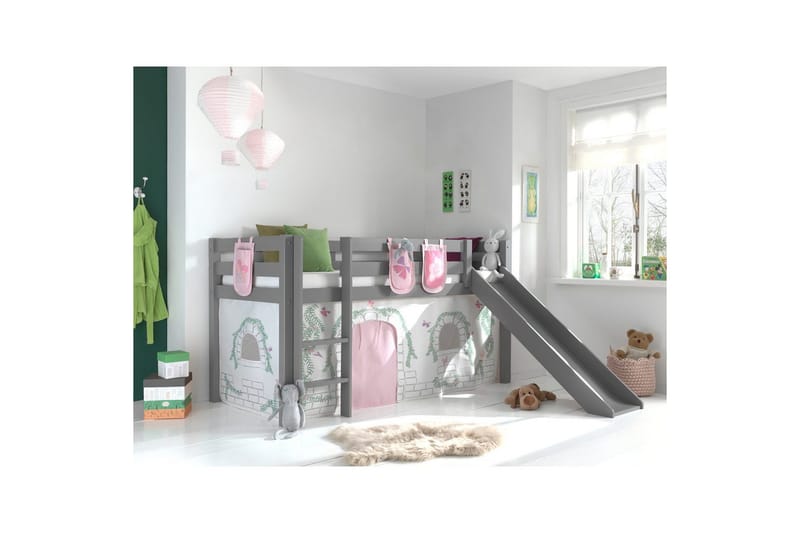 Halvhöjdssäng med gardin Pino Birdy Grå, Grå, Med rutschkana, Utan tunnel, 3 - Grå, Grå, Med rutschkana, Utan tunnel, 3 - Möbler - Sovrum - Sängar - Våningssängar & loftsängar