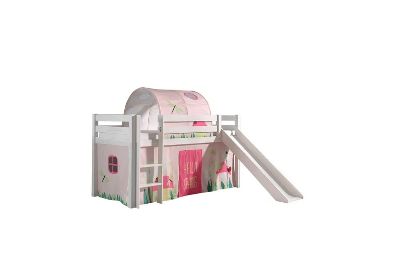 Halvhöjdssäng med gardin Pino Spring Vit, Vit, Med rutschkana, Vår, Fjäder, Utan fickor, Vit, Vit, Med rutschkana, Vår, Fjäder, Utan fickor