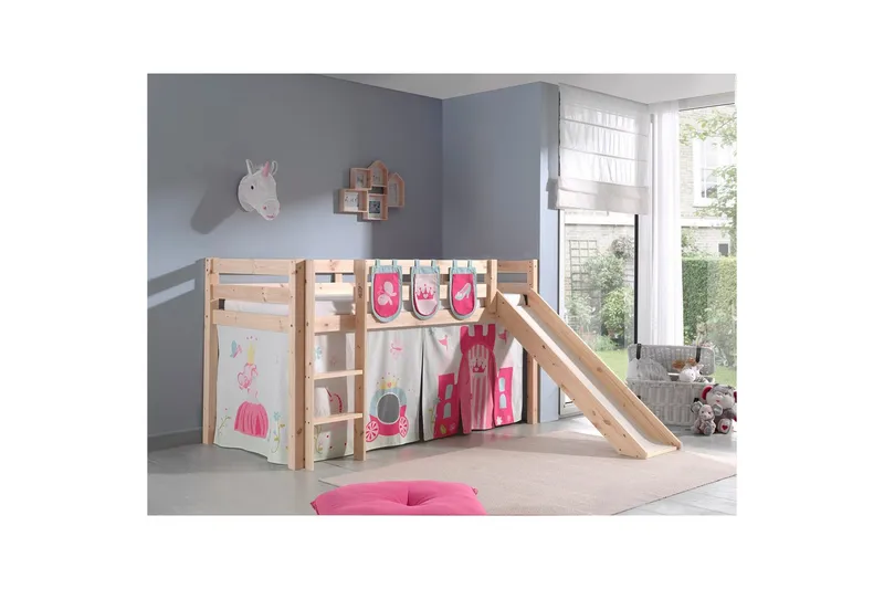 Halvhöjdssäng med gardin Pino Princess Naturlig, Naturlig, Med rutschkana, Utan tunnel, 3 - Naturlig, Naturlig, Med rutschkana, Utan tunnel, 3 - Möbler - Sovrum - Sängar - Våningssängar & loftsängar
