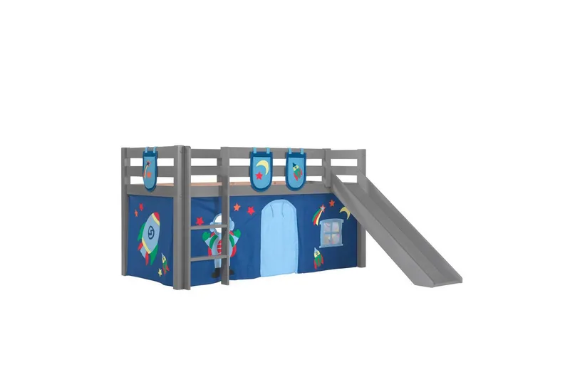 Halvhöjdssäng med gardin Pino Astro Grå, Grå, Med rutschkana, Utan tunnel, 3, Grå, Grå, Med rutschkana, Utan tunnel, 3