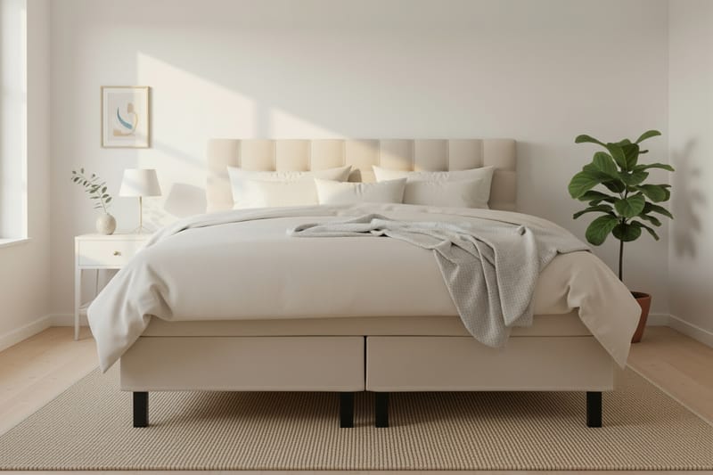 Hilton Komplett Sängpaket 160x200 cm Kontinentalsäng med rutad sänggavel - Beige - Möbler - Sovrum - Sängar - Komplett Sängpaket