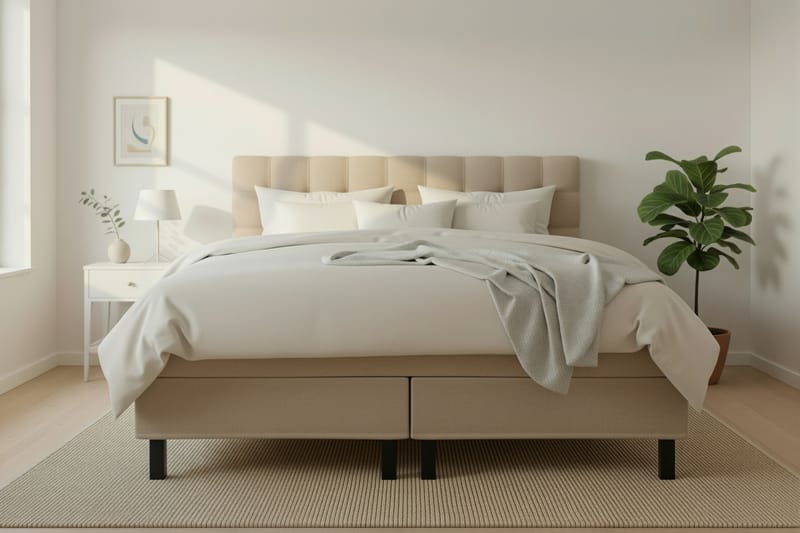 Hilton Komplett Sängpaket 160x200 cm Kontinentalsäng med rutad sänggavel - Beige - Möbler - Sovrum - Sängar - Komplett Sängpaket