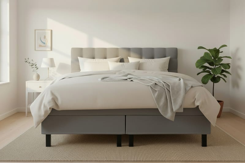 Hilton Komplett Sängpaket 160x200 cm Kontinentalsäng med rutad sänggavel - Grå - Möbler - Sovrum - Sängar - Komplett Sängpaket