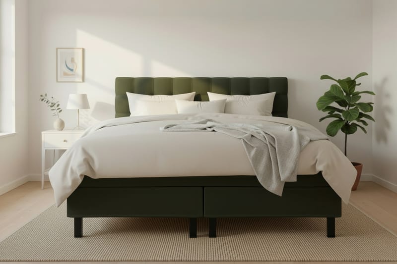 Hilton Komplett Sängpaket 160x200 cm Kontinentalsäng med rutad sänggavel - Grön - Möbler - Sovrum - Sängar - Komplett Sängpaket