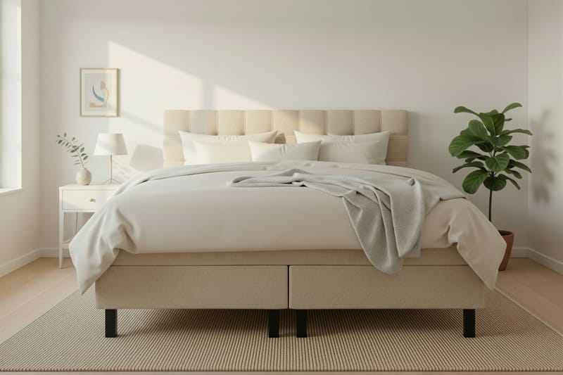 Hilton Komplett Sängpaket 160x200 cm Kontinentalsäng med rutad sänggavel i teddy - Beige / Teddy - Möbler - Sovrum - Sängar - Komplett Sängpaket