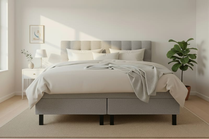 Hilton Komplett Sängpaket 160x200 cm Kontinentalsäng med rutad sänggavel i teddy - Grå / Teddy - Möbler - Sovrum - Sängar - Komplett Sängpaket