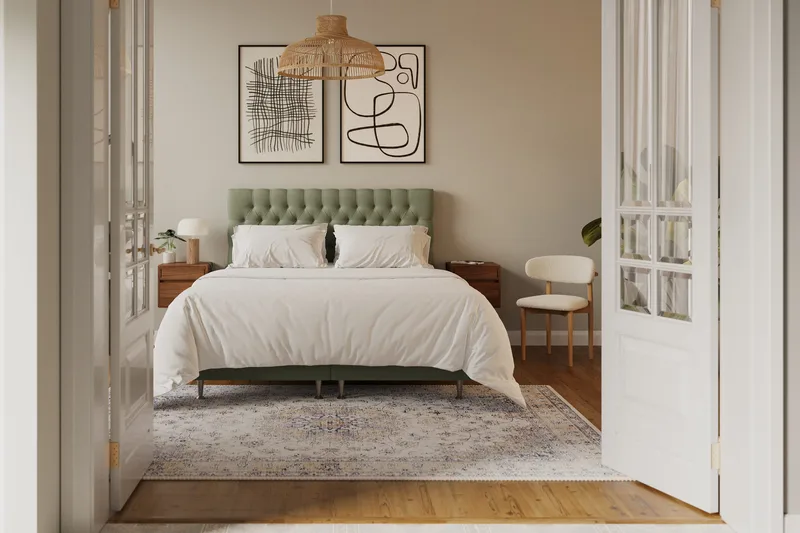 Hilton Lyx Komplett Sängpaket 160x200 cm Kontinentalsäng med knappad sänggavel i sammet - Olivgrön / Sammet - Möbler - Sovrum - Sängar - Kontinentalsängar