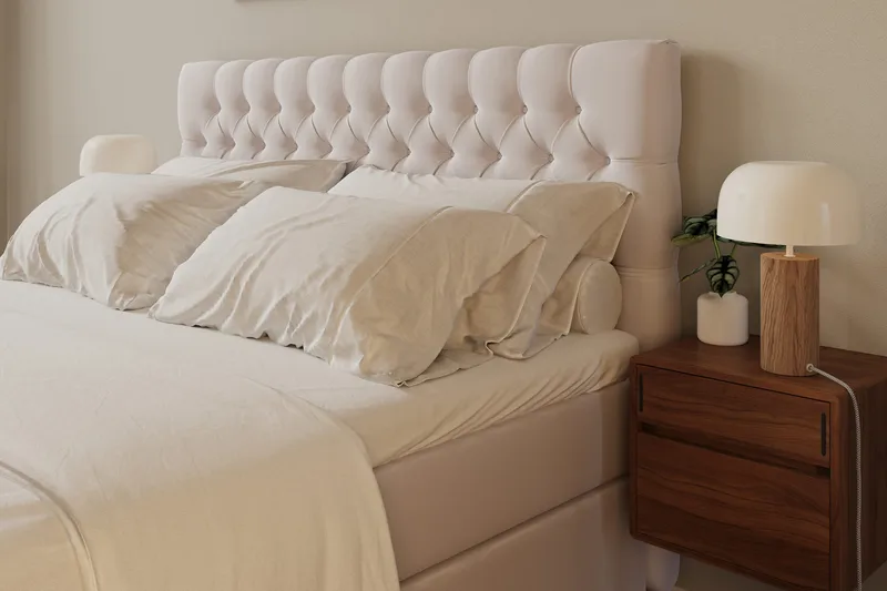 Hilton Lyx Komplett Sängpaket 180x200 cm Kontinentalsäng med knappad sänggavel i sammet - Beige - Möbler - Sovrum - Sängar - Kontinentalsängar