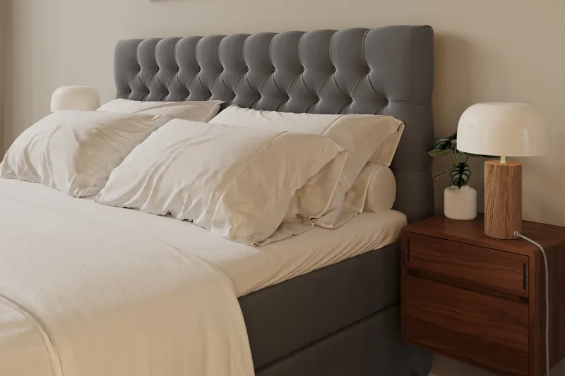 Hilton Lyx Komplett Sängpaket 180x200 cm Kontinentalsäng med knappad sänggavel i sammet - Ljusgrå - Möbler - Sovrum - Sängar - Kontinentalsängar