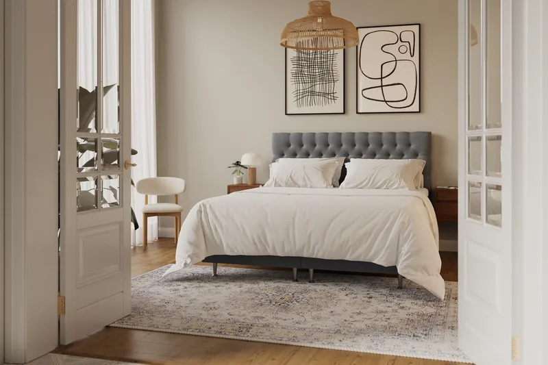 Hilton Lyx Komplett Sängpaket 180x200 cm Kontinentalsäng med knappad sänggavel i sammet - Ljusgrå - Möbler - Sovrum - Sängar - Kontinentalsängar