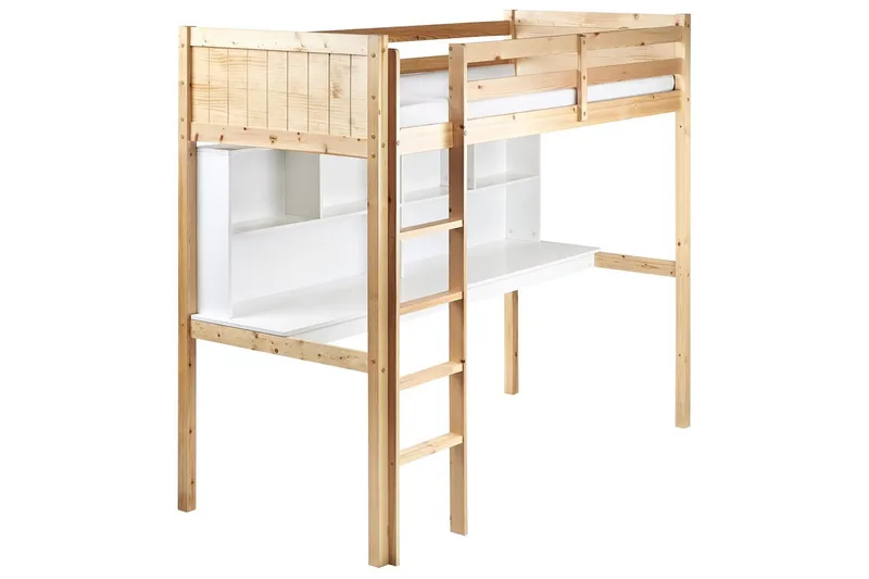 Högsäng med skrivbord Foucamont, Ljus trä, vit