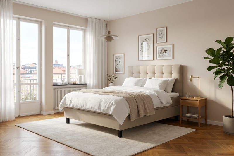 HVILA Classic Komplett Sängpaket 140x200 cm Kontinentalsäng med rutad sänggavel - Beige - Möbler - Sovrum - Sängar - Komplett Sängpaket