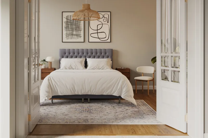 HVILA Lyx Komplett Sängpaket 160x200 cm Kontinentalsäng med knappad sänggavel i sammet - Grå / Sammet - Möbler - Sovrum - Sängar - Kontinentalsängar