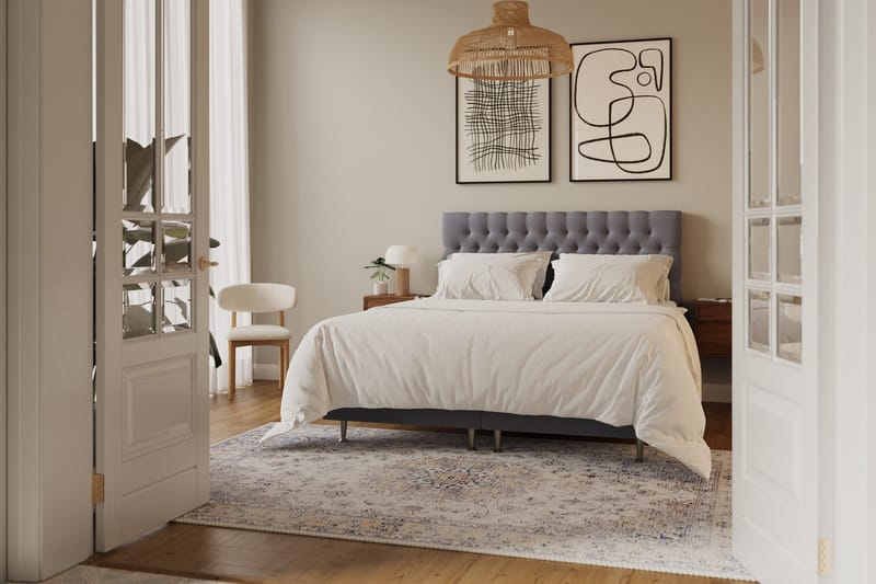 HVILA Lyx Komplett Sängpaket 160x200 cm Kontinentalsäng med knappad sänggavel i sammet - Grå / Sammet - Möbler - Sovrum - Sängar - Kontinentalsängar