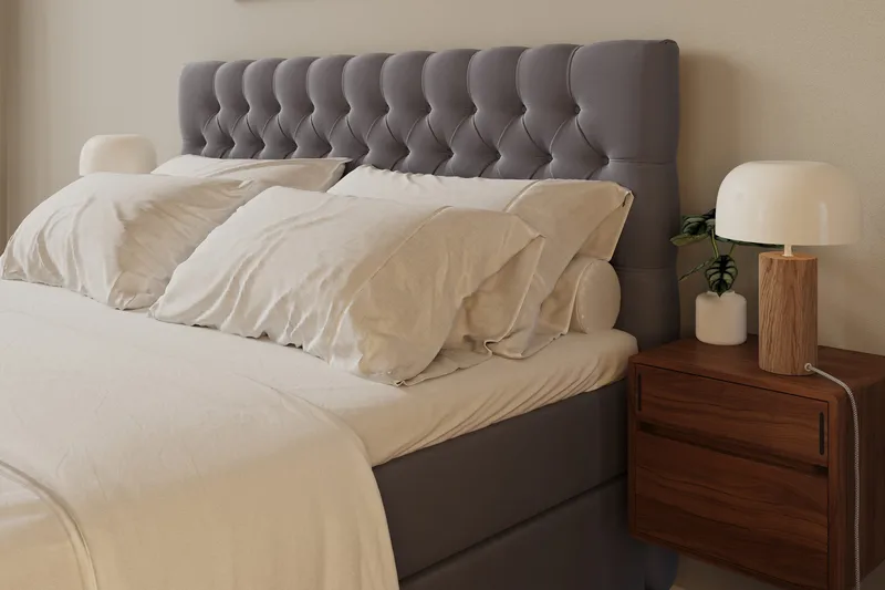HVILA Lyx Komplett Sängpaket 160x200 cm Kontinentalsäng med knappad sänggavel i sammet - Grå / Sammet - Möbler - Sovrum - Sängar - Kontinentalsängar