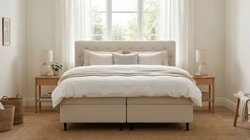 HVILA Plus Komplett Sängpaket – Kontinentalsäng 180x200 cm i Tyg med Förvaring, Sänggavel + Bäddmadrass - Ljusbeige - Möbler - Sovrum - Sängar - Komplett Sängpaket