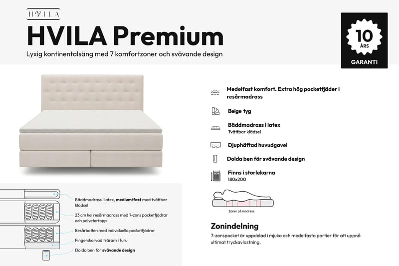 HVILA Premium Sängpaket Kontinentalsäng 180x200 cm med svävande effekt inkl. Bäddmadrass i Latex med Tvättbar klädsel - Medium/Fast - Möbler - Sovrum - Sängar - Komplett Sängpaket
