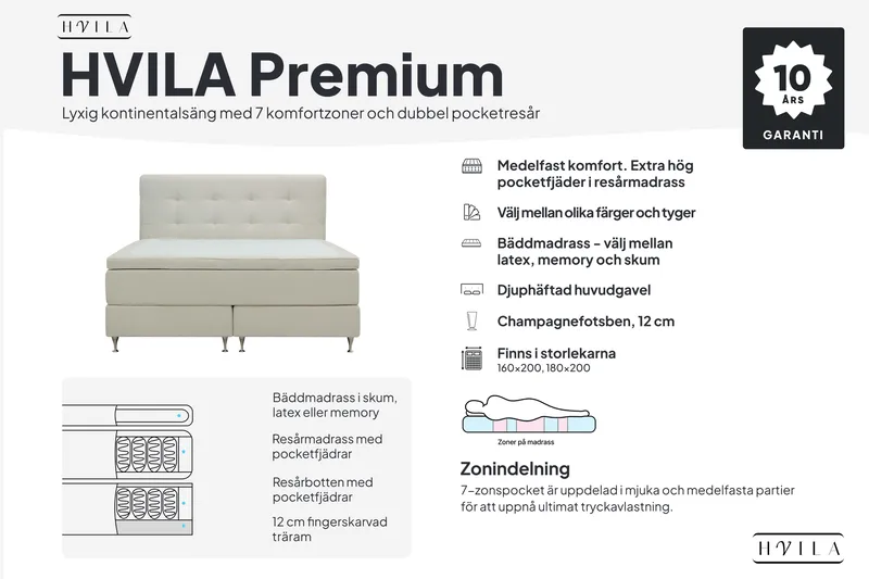 HVILA Premium Kontinentalsäng 160x200 cm - Ljusbeige Bouclé - Möbler - Sovrum - Sängar - Kontinentalsängar