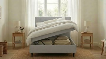 HVILA Plus Komplett Sängpaket – Kontinentalsäng 120x200 cm i Tyg med Förvaring, Sänggavel + Bäddmadrass med Fasthetsgrad Mediumfast - Grå - Möbler - Sovrum - Sängar - Komplett Sängpaket