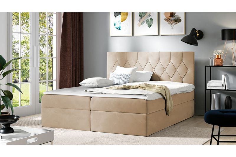 Davender Sängpaket Kontinentalsäng 140x200 cm med Förvaring - Beige - Komplett Sängpaket - Sängar med förvaring
