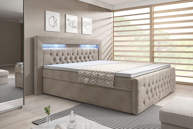 ELIO Kontinentalsäng 180x200 LED-belysning Beige/Sammet - Möbler - Sovrum - Sängar - Komplett Sängpaket