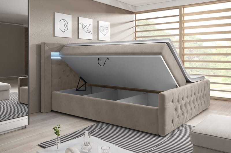 ELIO Kontinentalsäng 180x200 LED-belysning Beige/Sammet - Möbler - Sovrum - Sängar - Komplett Sängpaket