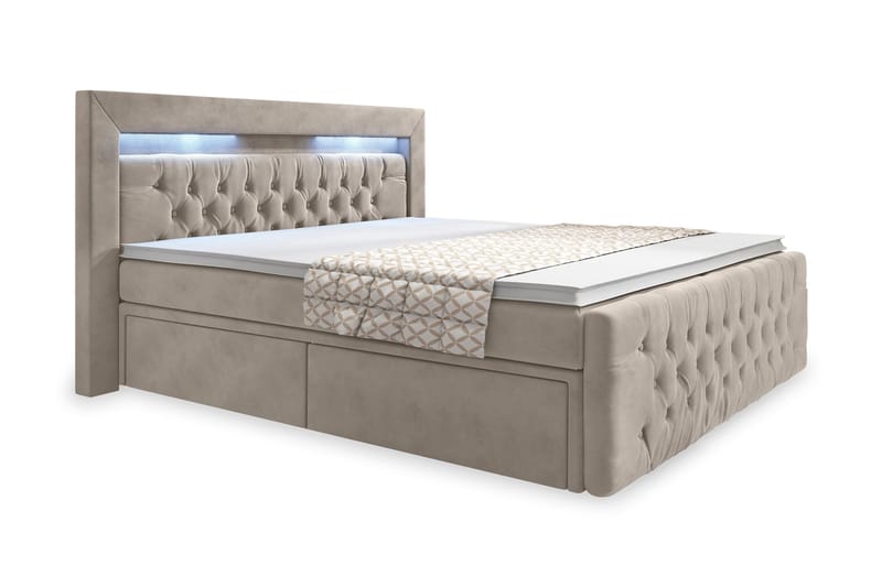 ELIO Sängpaket 140x200 LED-belysning  Beige/Sammet - Beige/Sammet - Komplett Sängpaket - Sängar med förvaring
