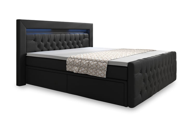 ELIO Sängpaket 160x200 LED-belysning Svart/Konstläder - Komplett Sängpaket - Sängar med förvaring