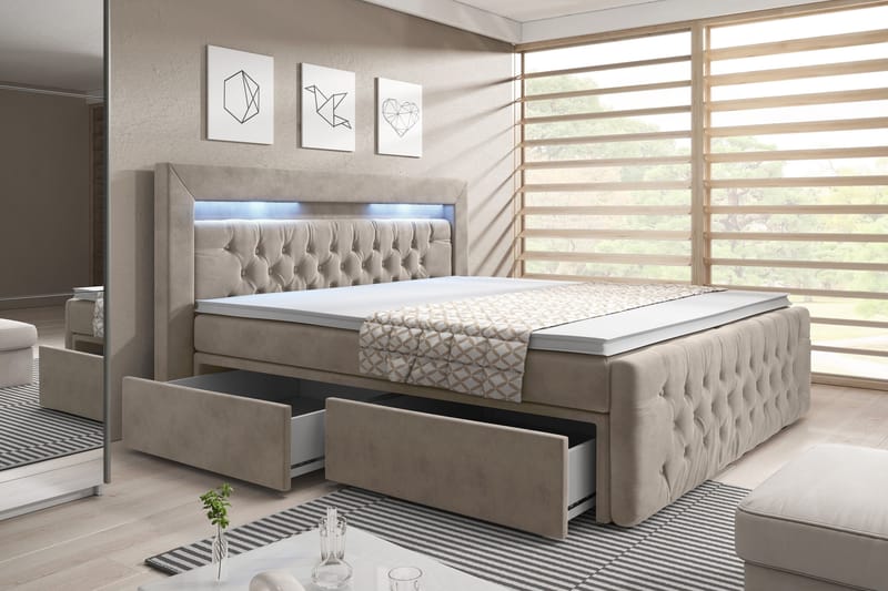 ELIO Sängpaket 160x200 med Förvaring LED-belysning Beige/Sam - Möbler - Sovrum - Sängar - Komplett Sängpaket