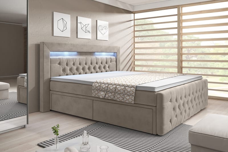 ELIO Sängpaket 160x200 med Förvaring LED-belysning Beige/Sam - Möbler - Sovrum - Sängar - Komplett Sängpaket