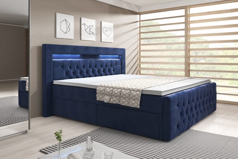 ELIO Sängpaket med Förvaring 160x200 cm Mörkblå/Sammet - Komplett Sängpaket - Sängar med förvaring