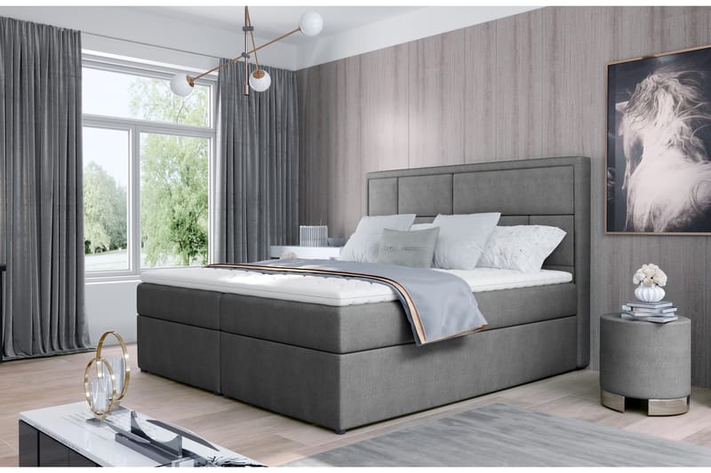 Emeron Komplett Sängpaket 140x200 cm i Tyg med Sänggavel + Bäddmadrass, Grå