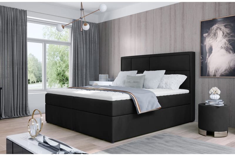 Emeron Komplett Sängpaket 140x200 cm i Tyg med Sänggavel + Bäddmadrass, Svart